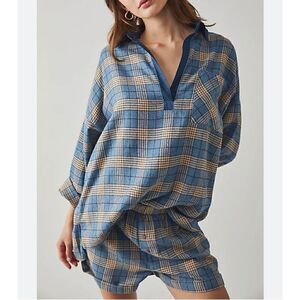 Free people Sunday morning sleep shirt sapphire blue plaid small new
